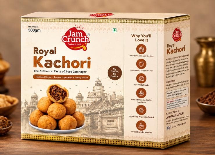 Jam Crunch Royal Kachori 500 g pack beside a plate of kachoris
